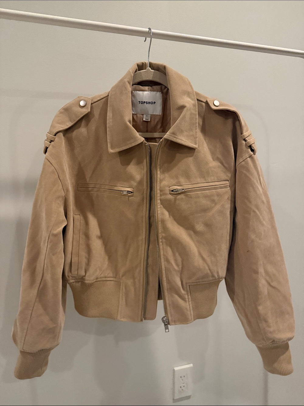 Topshop Tan Suede Cropped Bomber Jacket